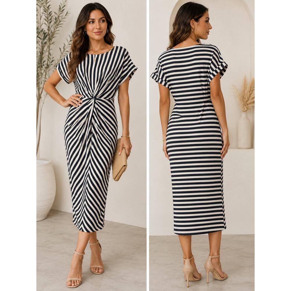 NWT Haute Monde Black & Tan Nautical Stripe Twist Front Midi Dress Size Large